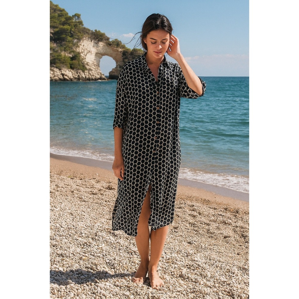 Grazia‎ Dress Black and White Geo Print Collared Button Up Midi Shirt Dress